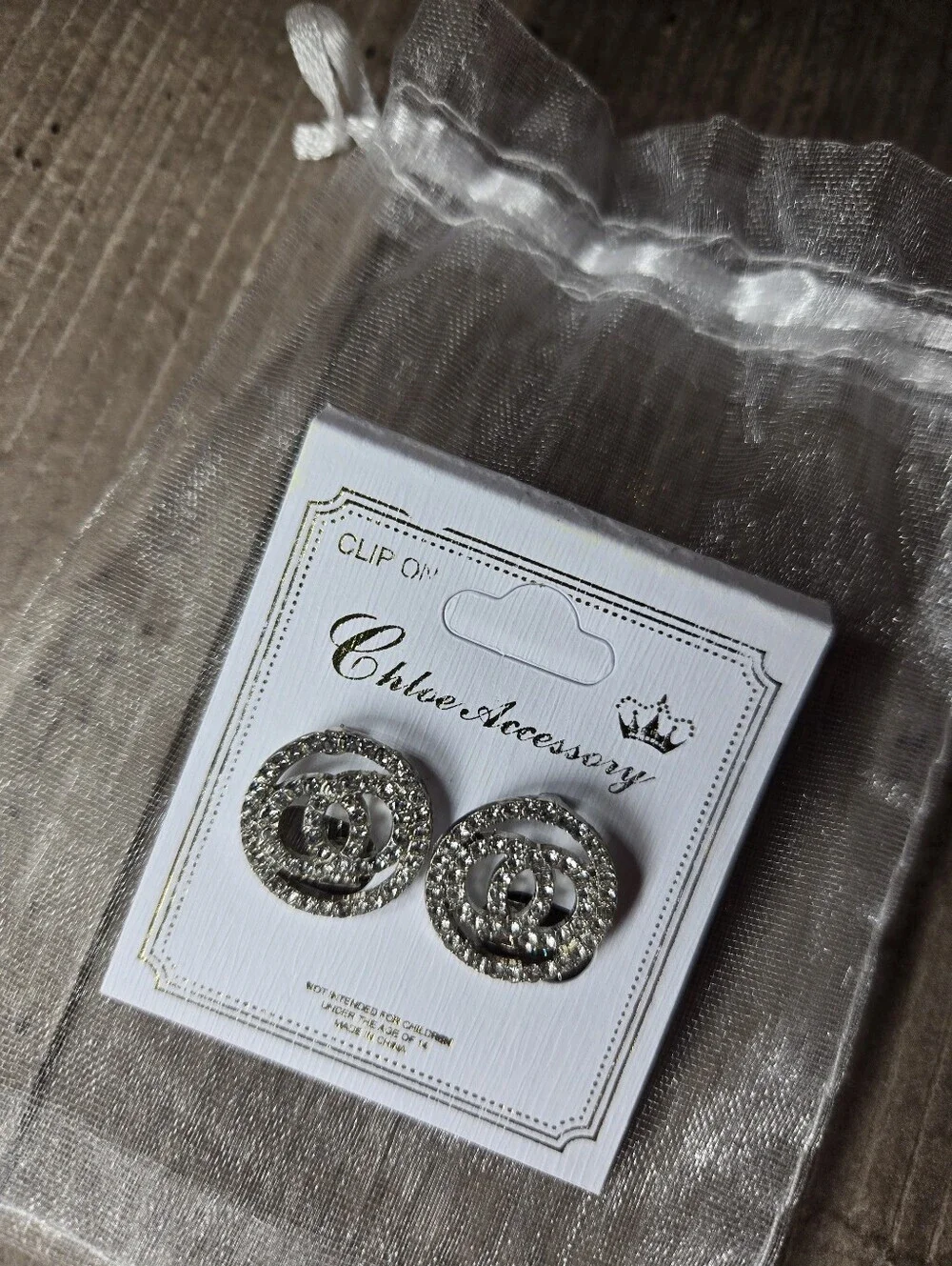 NWT Chloe Accessory Double Circle Silver Crystal Clip-On Earrings Women's